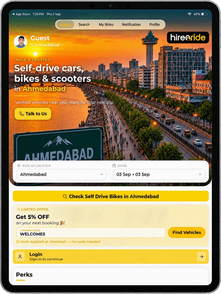 Hire N Ride tablet product screenshot